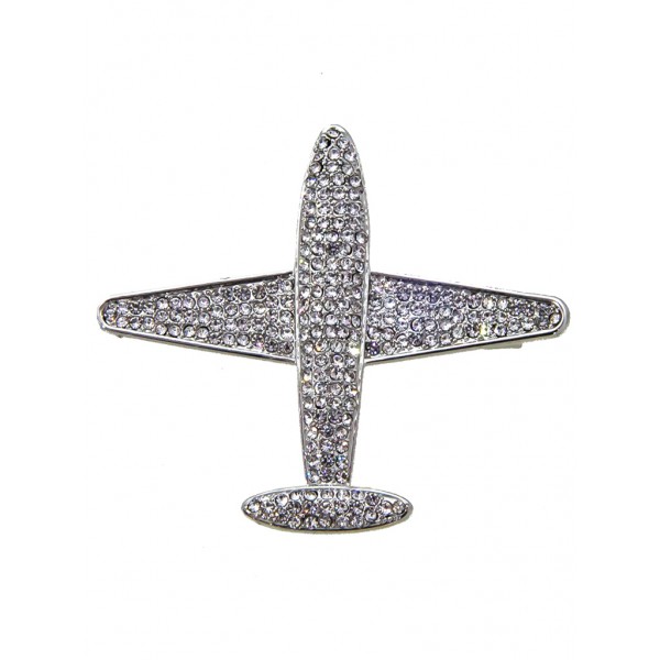 Брошка "Літак" з білими кристалами, колір: срібло
